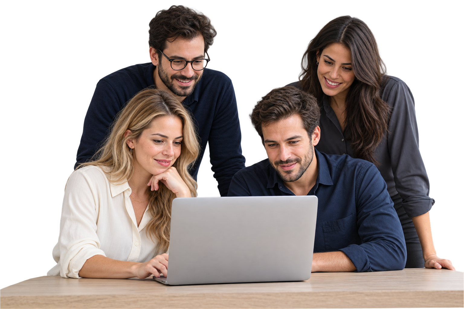 Four colleagues collaborating around a laptop